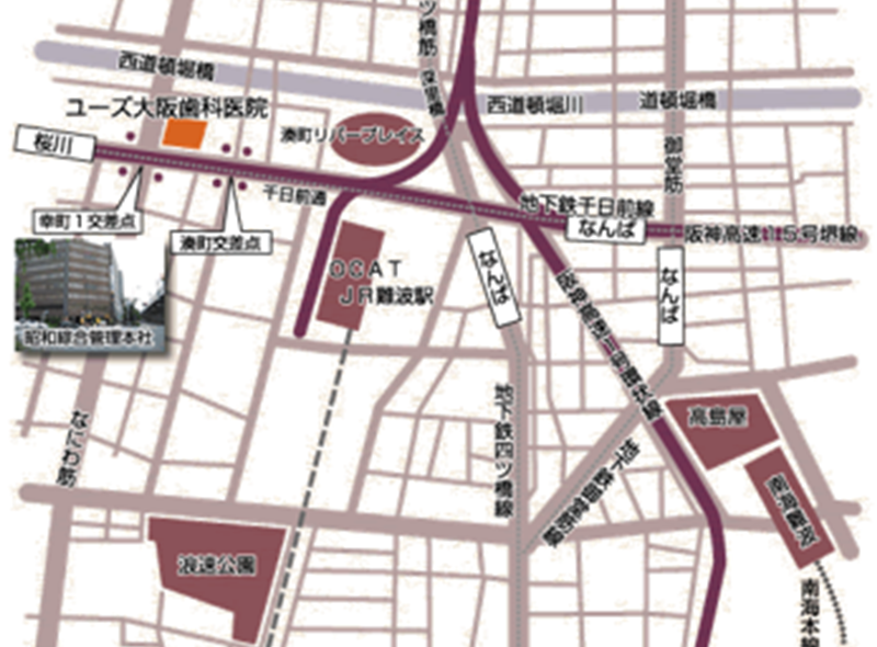 ユーズ大阪歯科医院のアクセスマップ。千日前通沿い、なにわ筋と四ツ橋筋の間に位置し、桜川駅・JR難波駅(OCAT)・なんば駅から徒歩圏内。